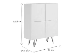 Aparador alto de diseño con 4 puertas y grabados de metal blanco mate y dorado 86 cm OZEN