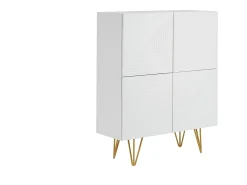 Aparador alto de diseño con 4 puertas y grabados de metal blanco mate y dorado 86 cm OZEN