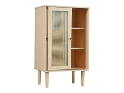 Aparador alto de madera - 2 puertas correderas de ratán y cristal - estilo contemporáneo - roble