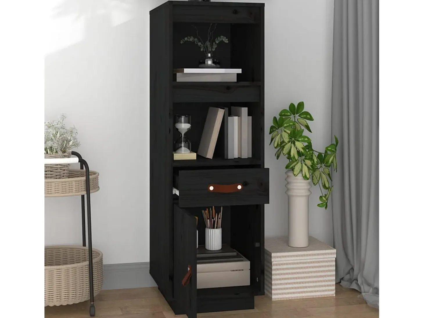 Aparador alto de madera maciza de pino negro 34x40x108,5 cm ES37132
