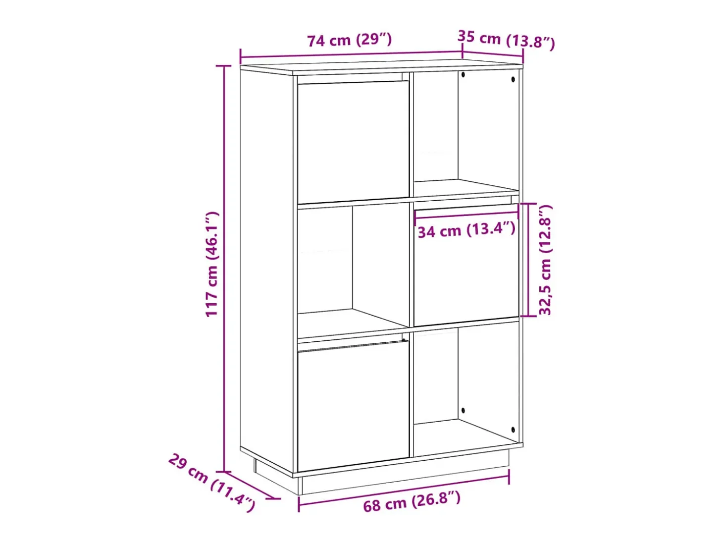 Aparador alto de madera maciza de pino 74x35x117 cm
