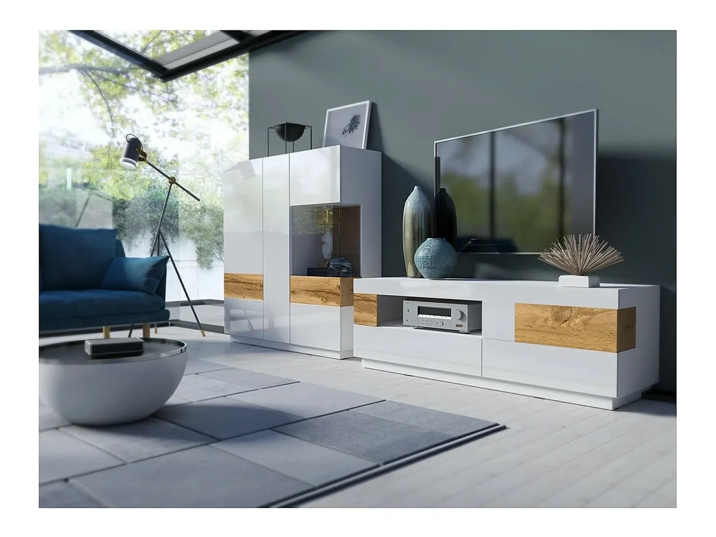 Aparador alto KILES de tres puertas. Colores blanco y roble. Estilo de diseño.