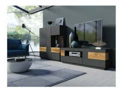Aparador alto KILES de tres puertas. Color gris antracita y roble. Estilo diseño.
