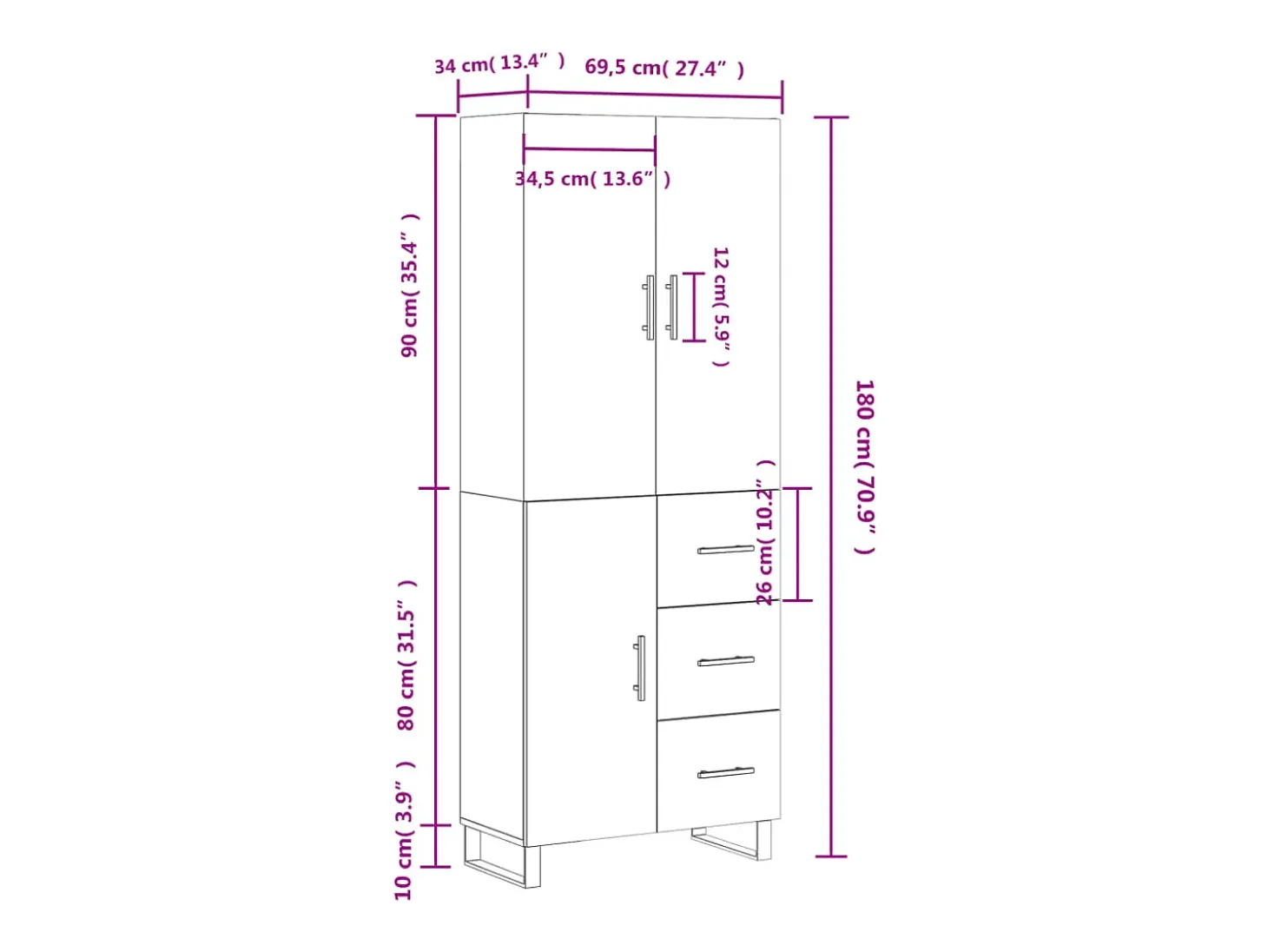 Aparador alto madera contrachapada roble ahumado 69,5x34x180 cm