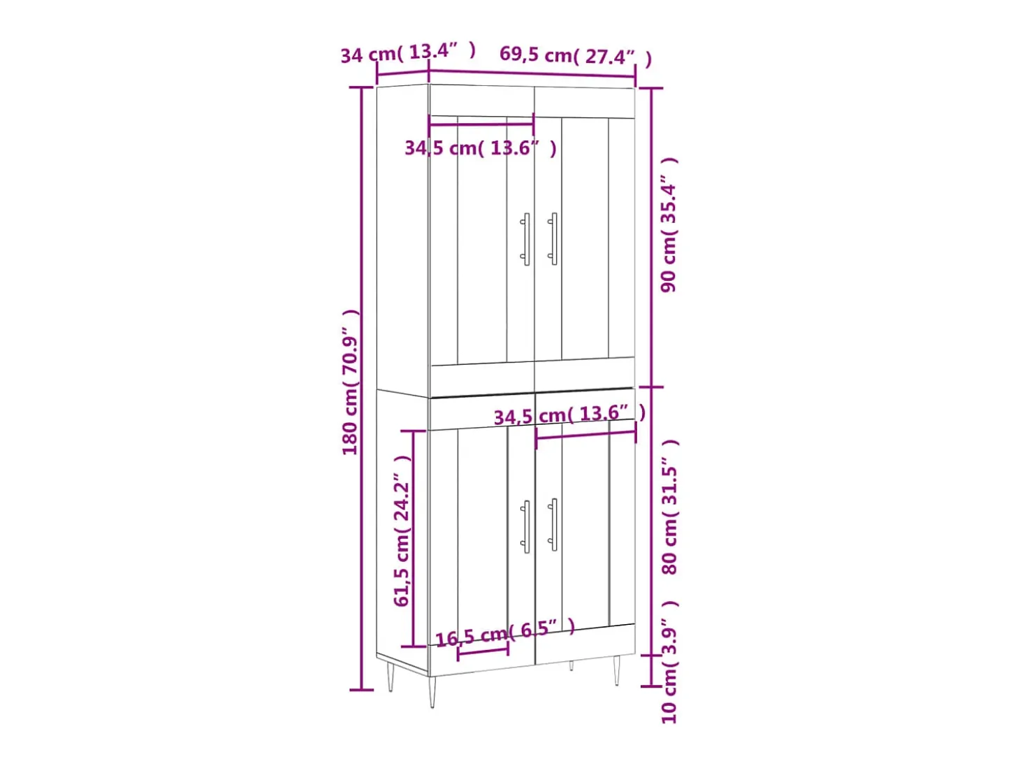 Aparador alto madera contrachapada blanco 69,5x34x180 cm