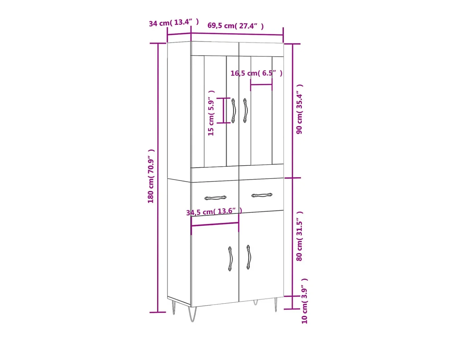 Aparador alto madera contrachapada roble ahumado 69,5x34x180 cm