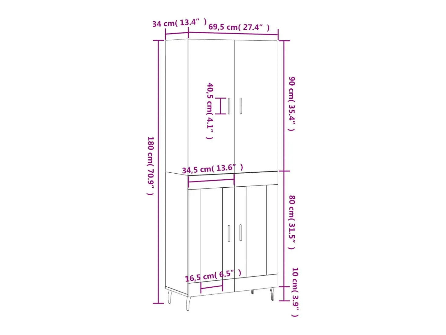 Aparador alto madera contrachapada roble ahumado 69,5x34x180 cm