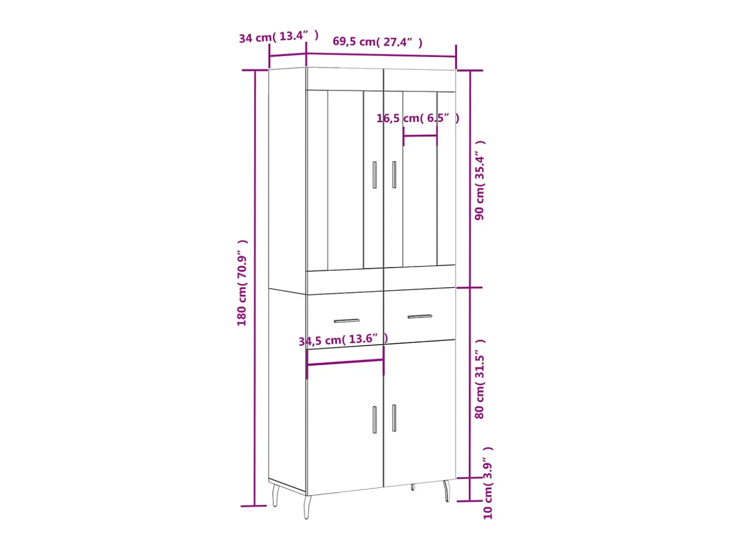 Aparador alto madera contrachapada color roble 69,5x34x180 cm