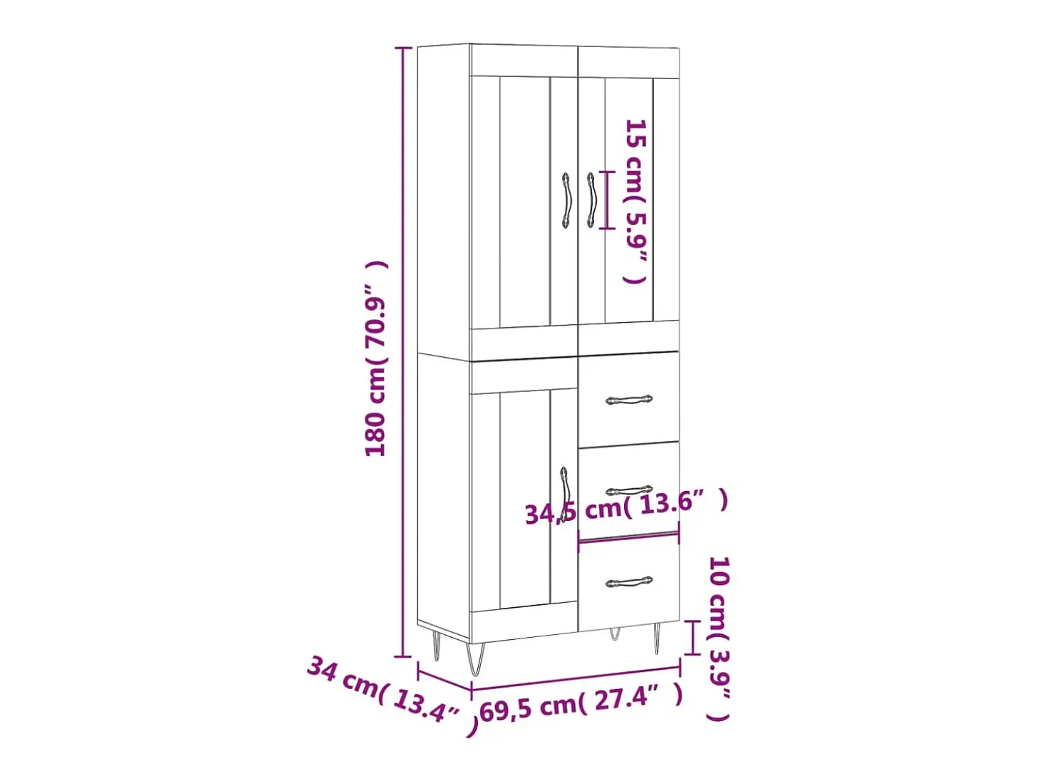 Aparador alto madera contrachapada roble ahumado 69,5x34x180 cm