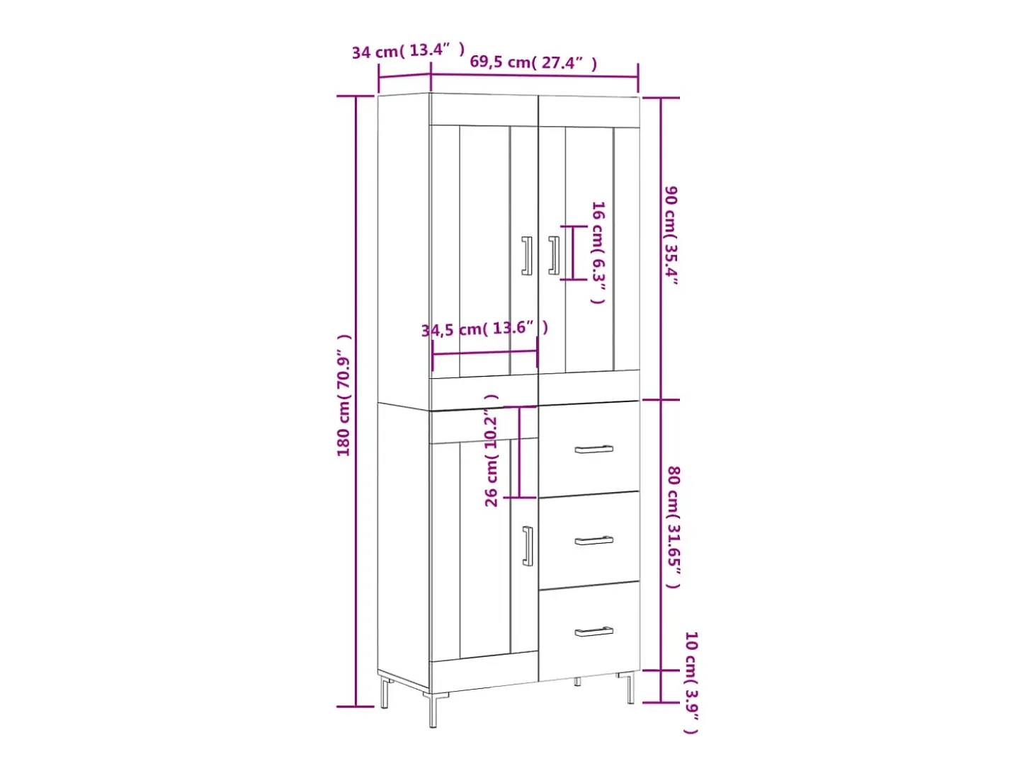 Aparador alto madera contrachapada roble ahumado 69,5x34x180 cm