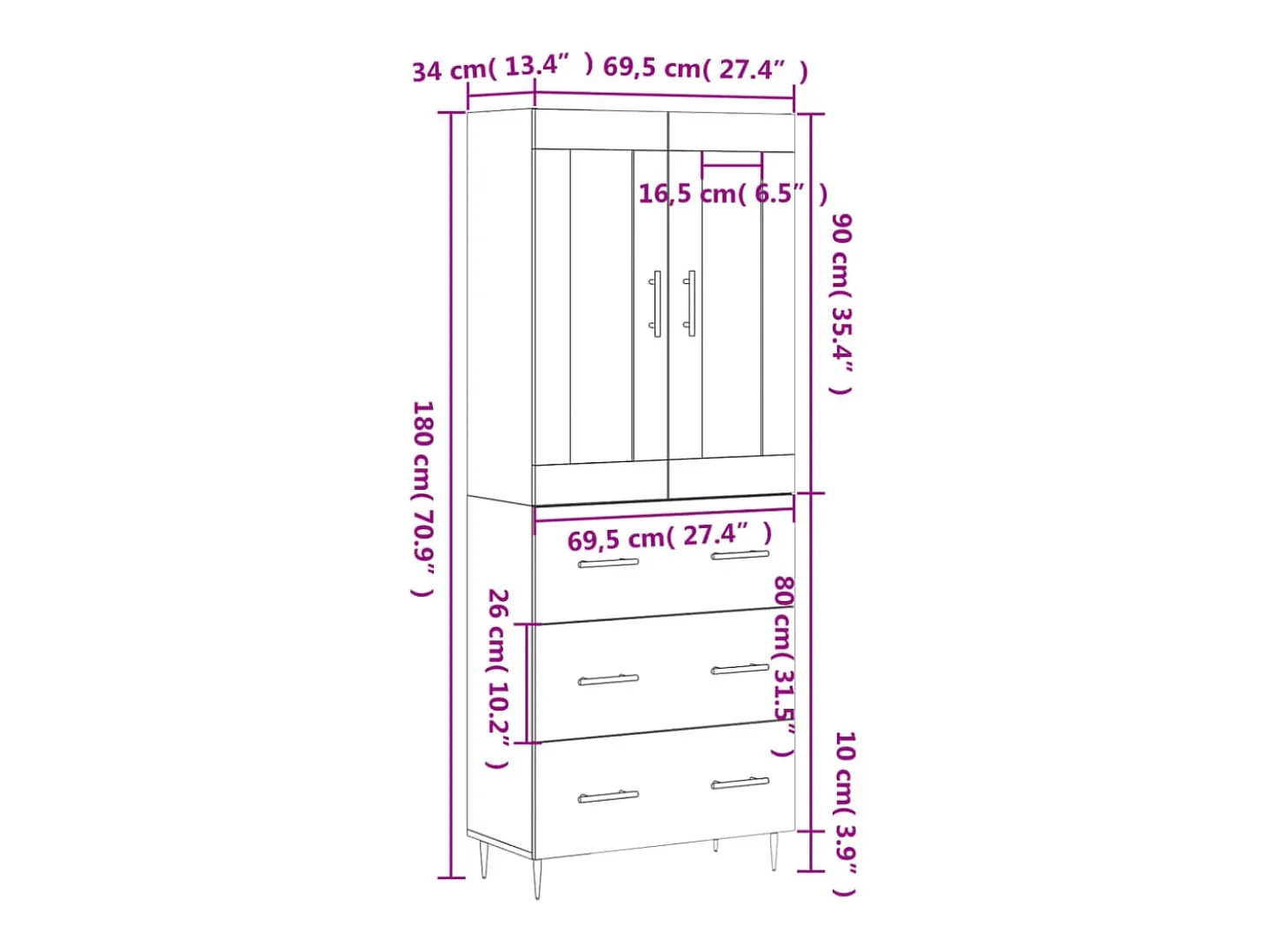 Aparador alto madera contrachapada gris sonoma 69,5x34x180 cm