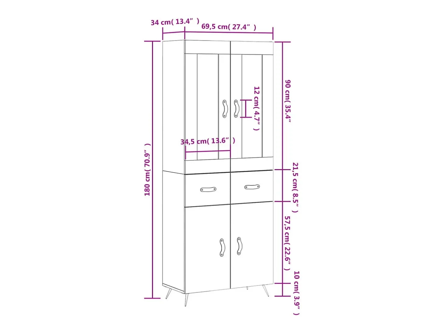 Aparador alto madera contrachapada blanco 69,5x34x180 cm