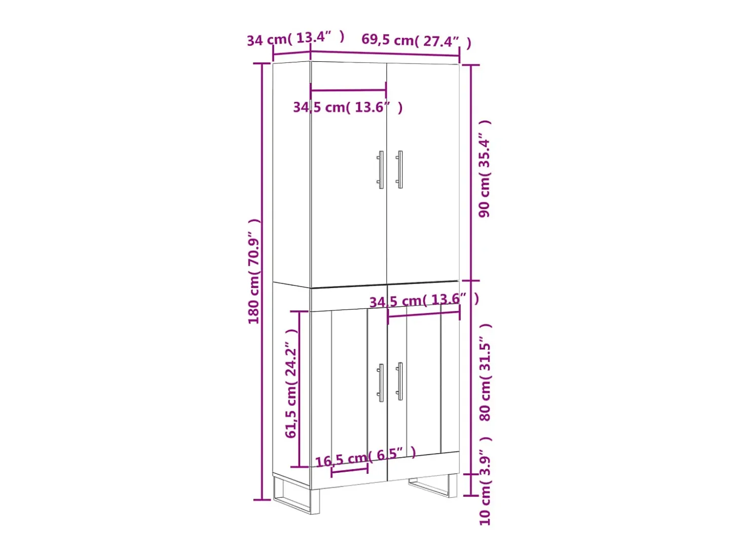 Aparador alto madera contrachapada roble ahumado 69,5x34x180 cm