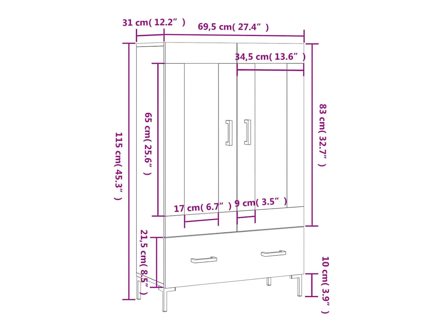 Aparador alto madera de ingeniería gris hormigón 69,5x31x115 cm