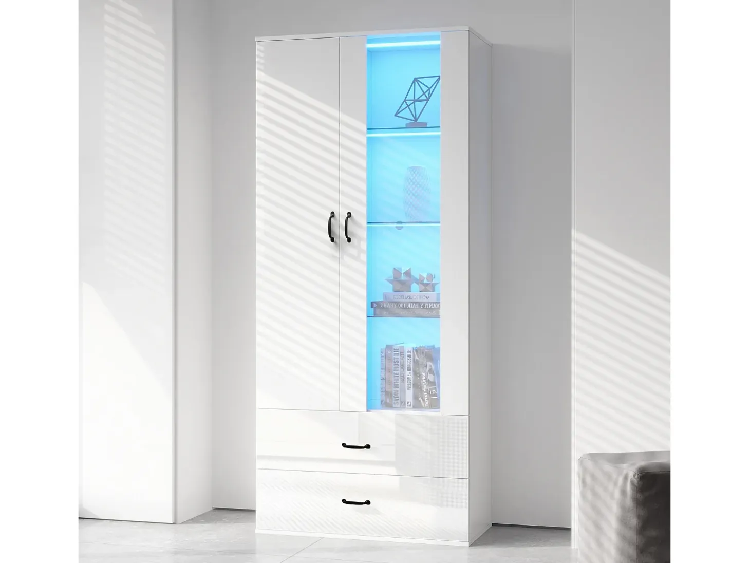 Aparador alto moderno con 2 puertas y 2 cajones - LED - vidrio y tableros de partículas - blanco