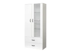 Aparador alto moderno con 2 puertas y 2 cajones - LED - vidrio y tableros de partículas - blanco