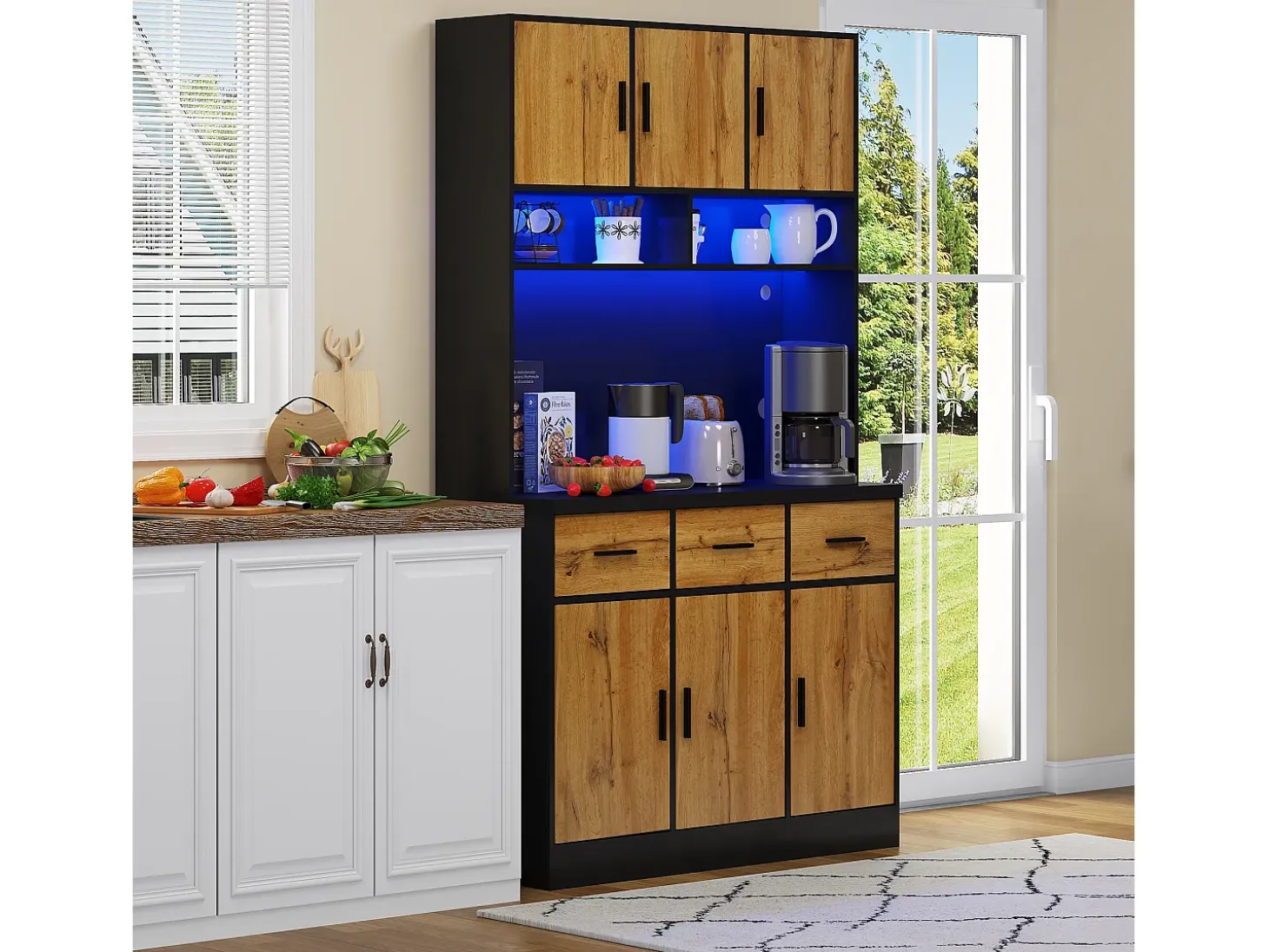 Aparador alto negro - Aparador con 6 puertas y 3 cajones - Luz LED y carga USB - para cocina y comedor
