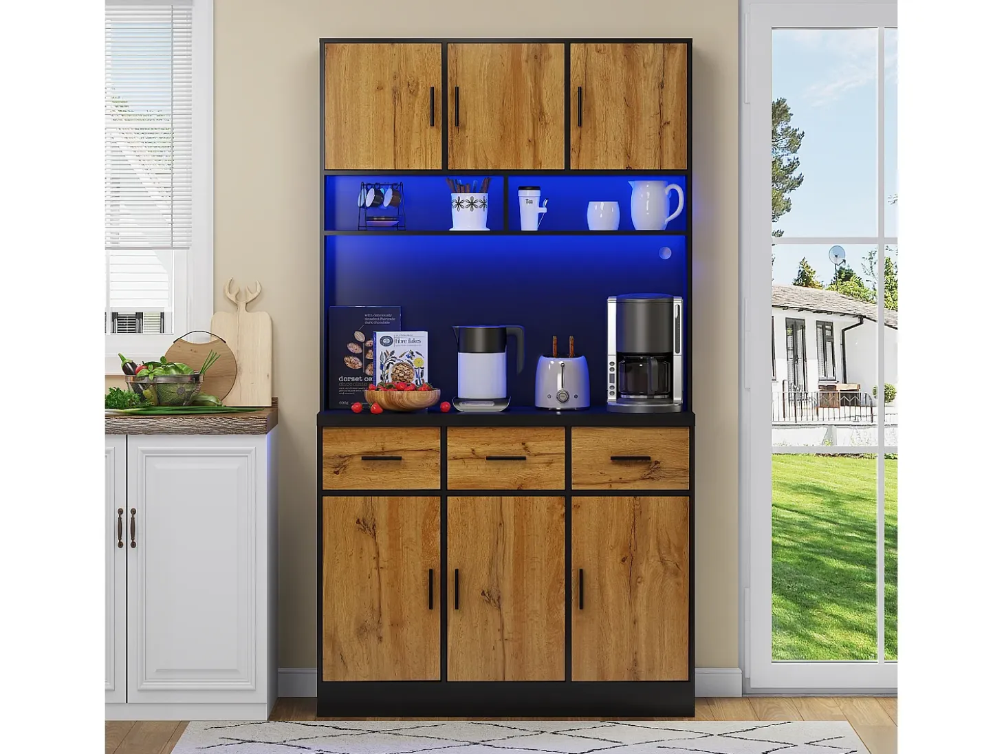 Aparador alto negro - Aparador con 6 puertas y 3 cajones - Luz LED y carga USB - para cocina y comedor