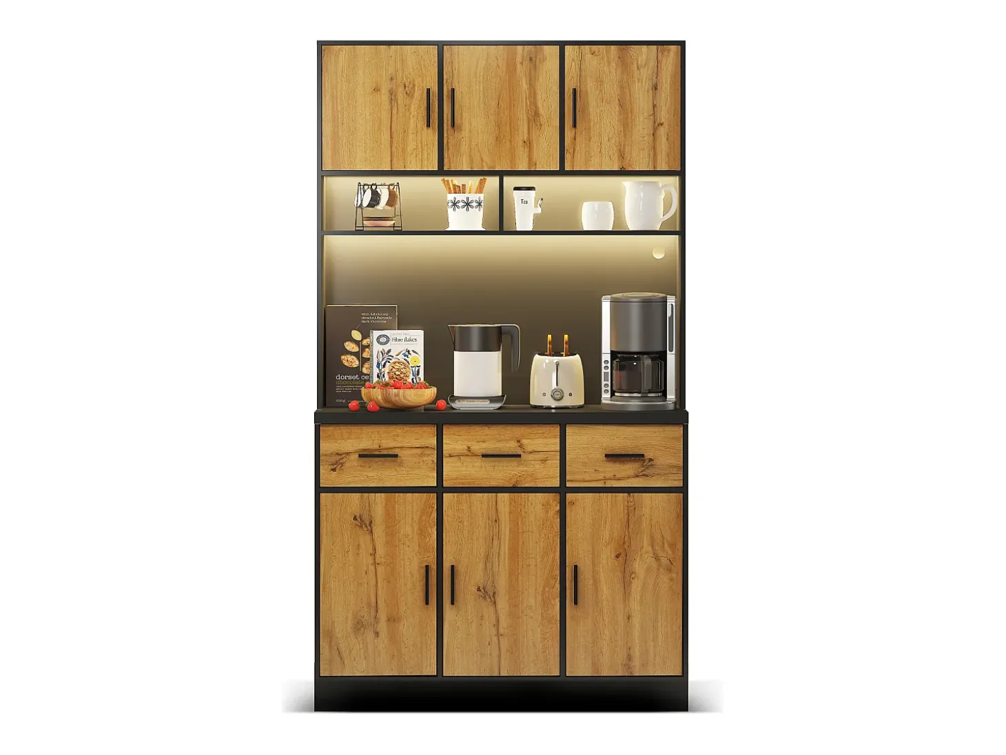 Aparador alto negro - Aparador con 6 puertas y 3 cajones - Luz LED y carga USB - para cocina y comedor