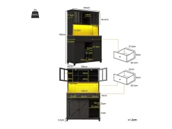 Aparador alto negro - Aparador con 3 cajones y 4 puertas - Iluminación LED y almacenaje abierto - para cocina y salón