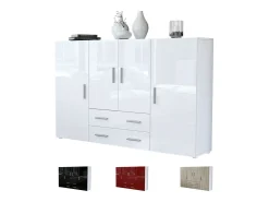Aparador alto Nora con 2 cajones y 4 puertas con un total de 8 compartimentos detrás, blanco mate/zarzamora de alto brillo (166,5 x 106,5 x 35 cm)