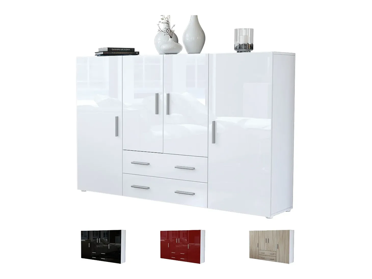 Aparador alto Nora con 2 cajones y 4 puertas con un total de 8 compartimentos detrás, blanco mate/burdeos de alto brillo (166,5 x 106,5 x 35 cm)