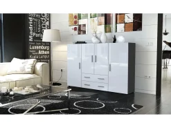 Aparador alto Nora con 2 cajones y 4 puertas con un total de 8 compartimentos detrás, antracita mate/blanco de alto brillo (166,5 x 106,5 x 35 cm)