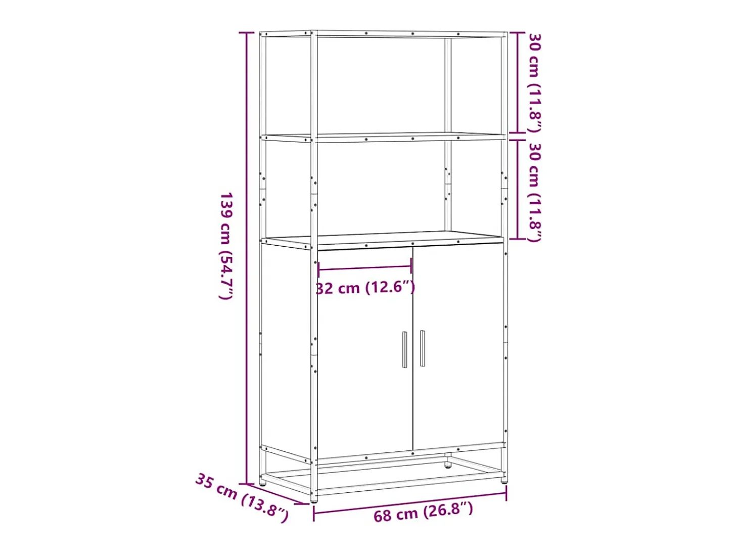 Aparador alto roble marrón 68x35x139 cm madera contrachapada metal