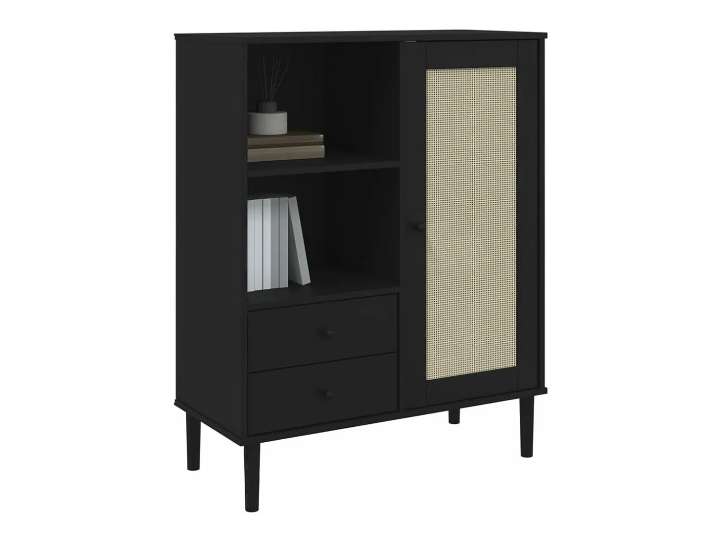 Aparador alto SENJA aspecto de ratán madera negro 90x40x112 cm