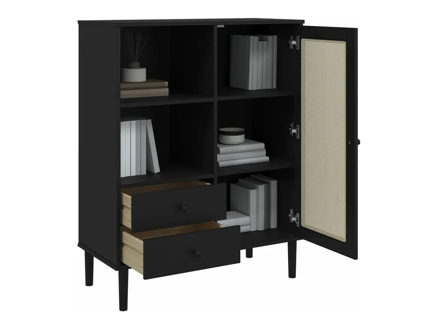 Aparador alto SENJA aspecto de ratán madera negro 90x40x112 cm