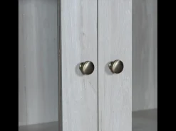 Aparador alto 80x34x171 cm – Símil madera con puertas de cristal, 3 cajones y tiradores de cobre, Gris