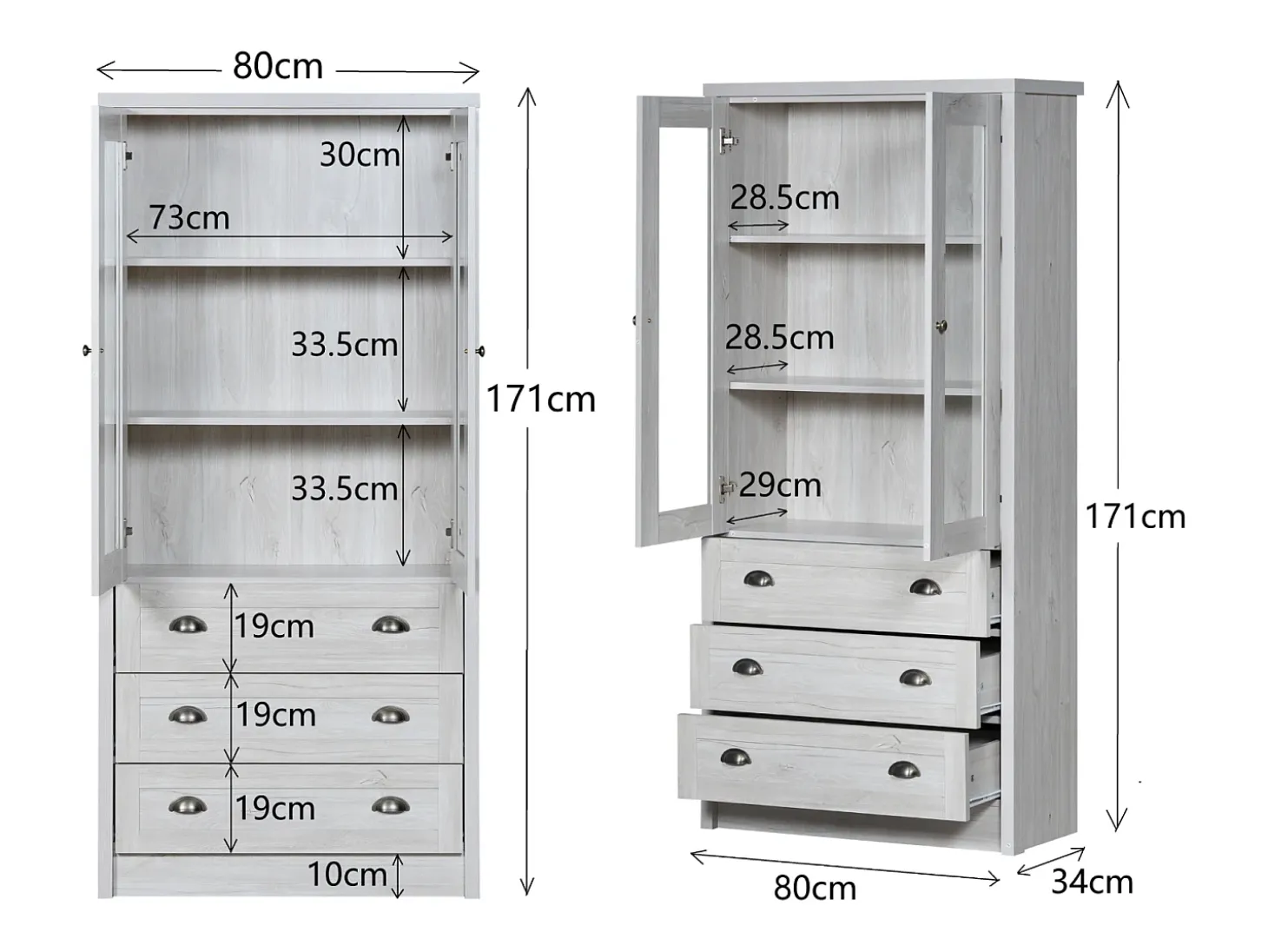 Aparador alto 80x34x171 cm – Símil madera con puertas de cristal, 3 cajones y tiradores de cobre, Gris