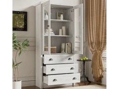 Aparador alto 80x34x171 cm – Símil madera con puertas de cristal, 3 cajones y tiradores de cobre, Gris