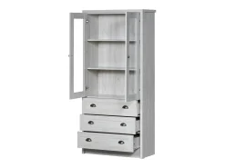 Aparador alto 80x34x171 cm – Símil madera con puertas de cristal, 3 cajones y tiradores de cobre, Gris