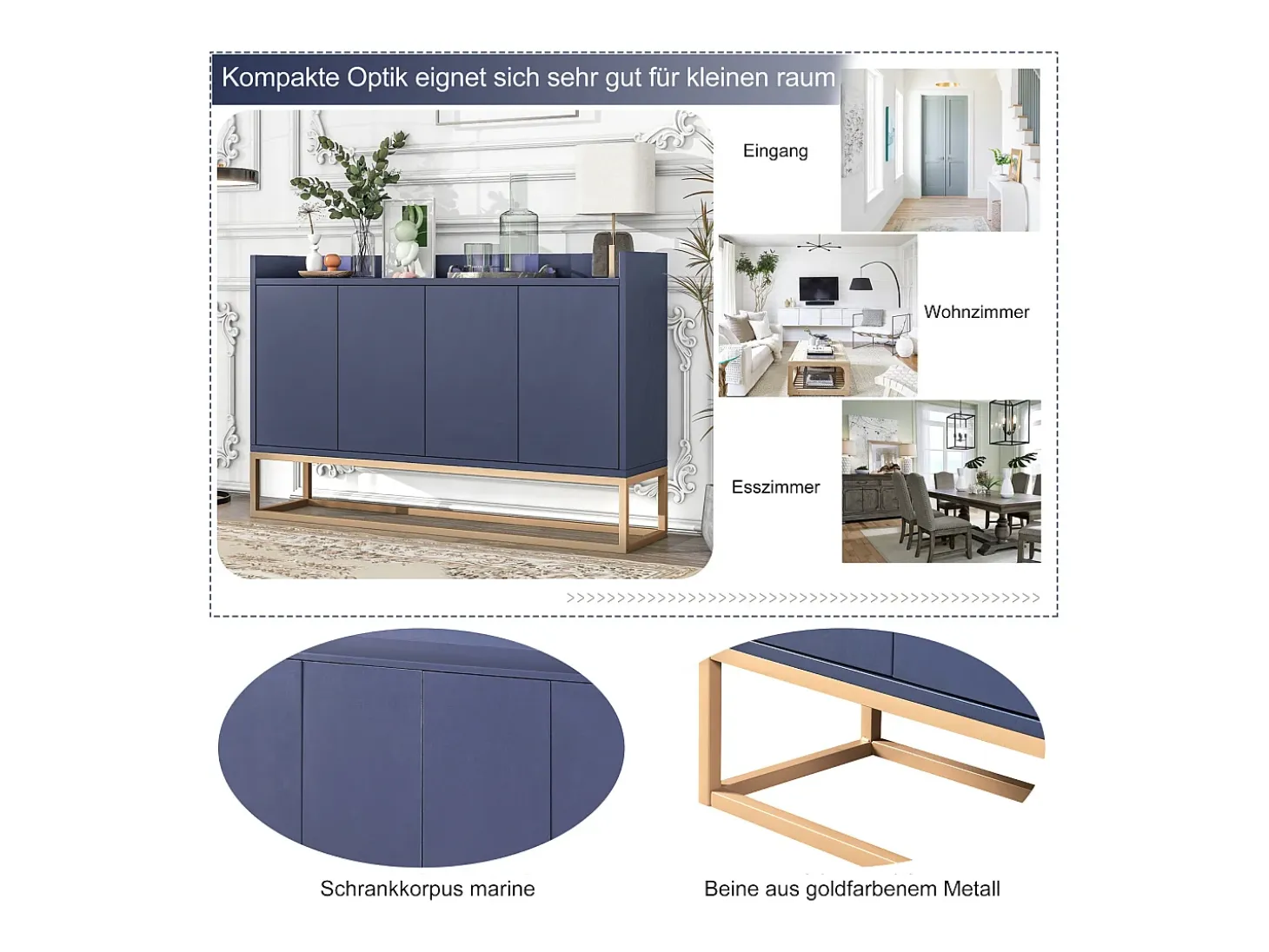 Aparador, Aparador Minimalista Moderno con 4 Puertas y Estructura de Metal para Comedor, Sala, Cocina, Azul