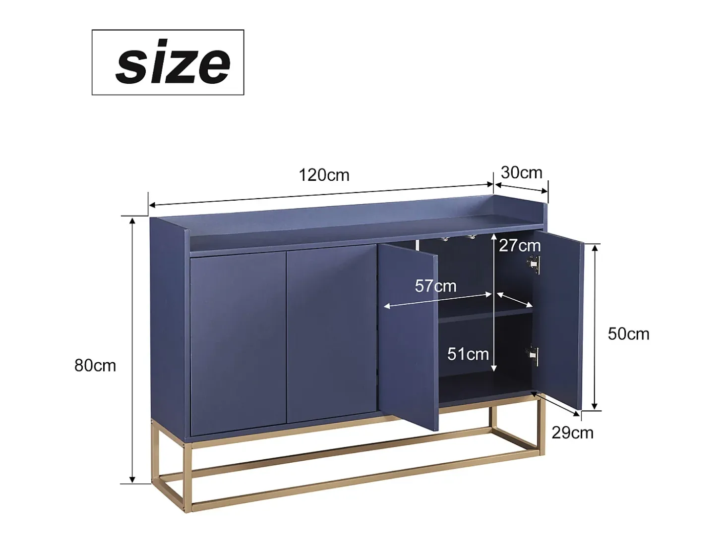 Aparador, Aparador Minimalista Moderno con 4 Puertas y Estructura de Metal para Comedor, Sala, Cocina, Azul