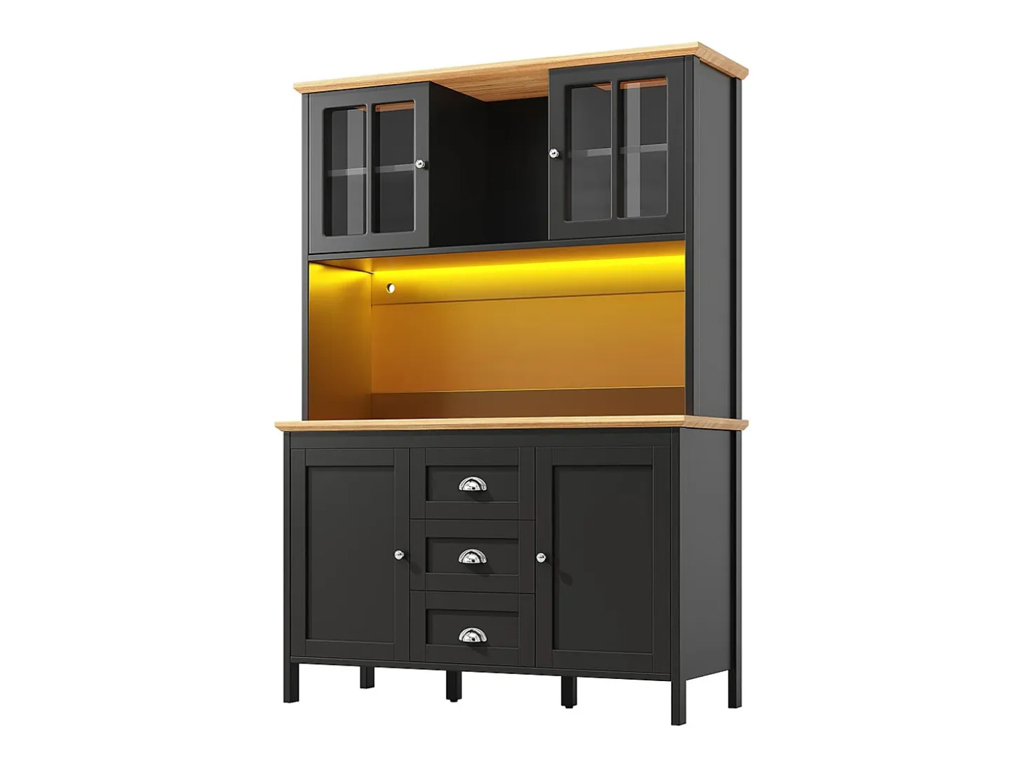 Aparador, armario alto con iluminación LED, 120x40x179 cm, 4 puertas y 3 cajones, negro