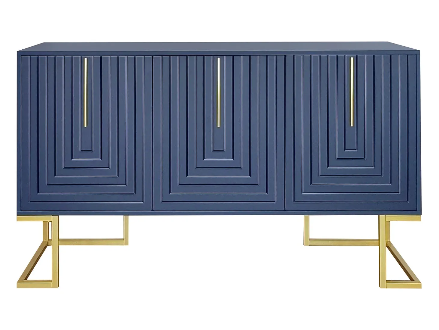 Aparador azul con 3 puertas, estantes regulables, patas doradas, 138x40x80,5cm