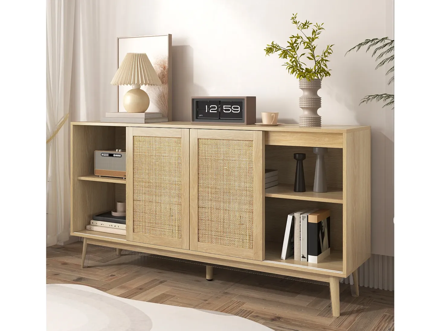 Aparador bajo - 3 puertas de ratán y 2 cajones - Natural
