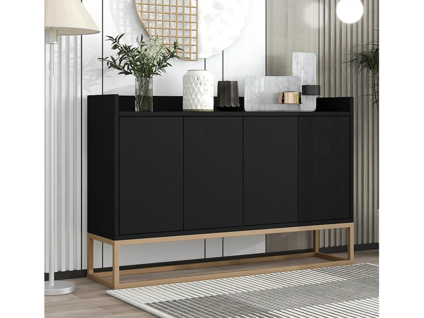 Aparador bajo 4 puertas - Patas de madera MDF y metal - Estilo moderno - Color negro - 120 x 30 x 80 cm