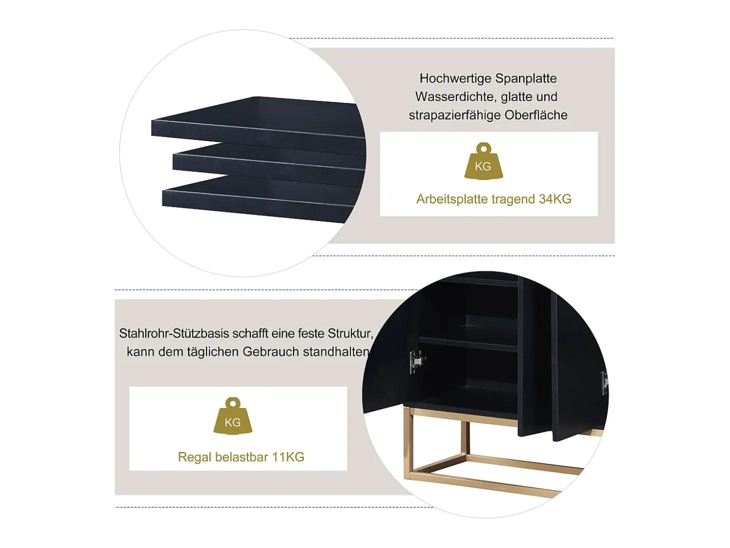 Aparador bajo 4 puertas - Patas de madera MDF y metal - Estilo moderno - Color negro - 120 x 30 x 80 cm