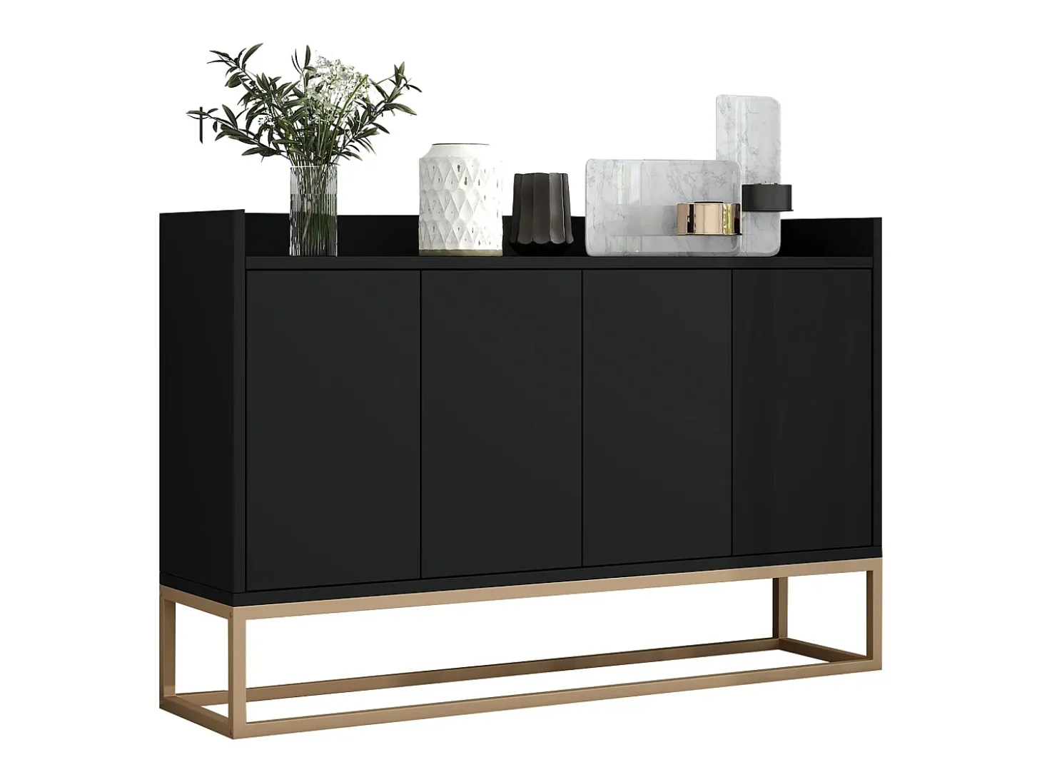 Aparador bajo 4 puertas - Patas de madera MDF y metal - Estilo moderno - Color negro - 120 x 30 x 80 cm