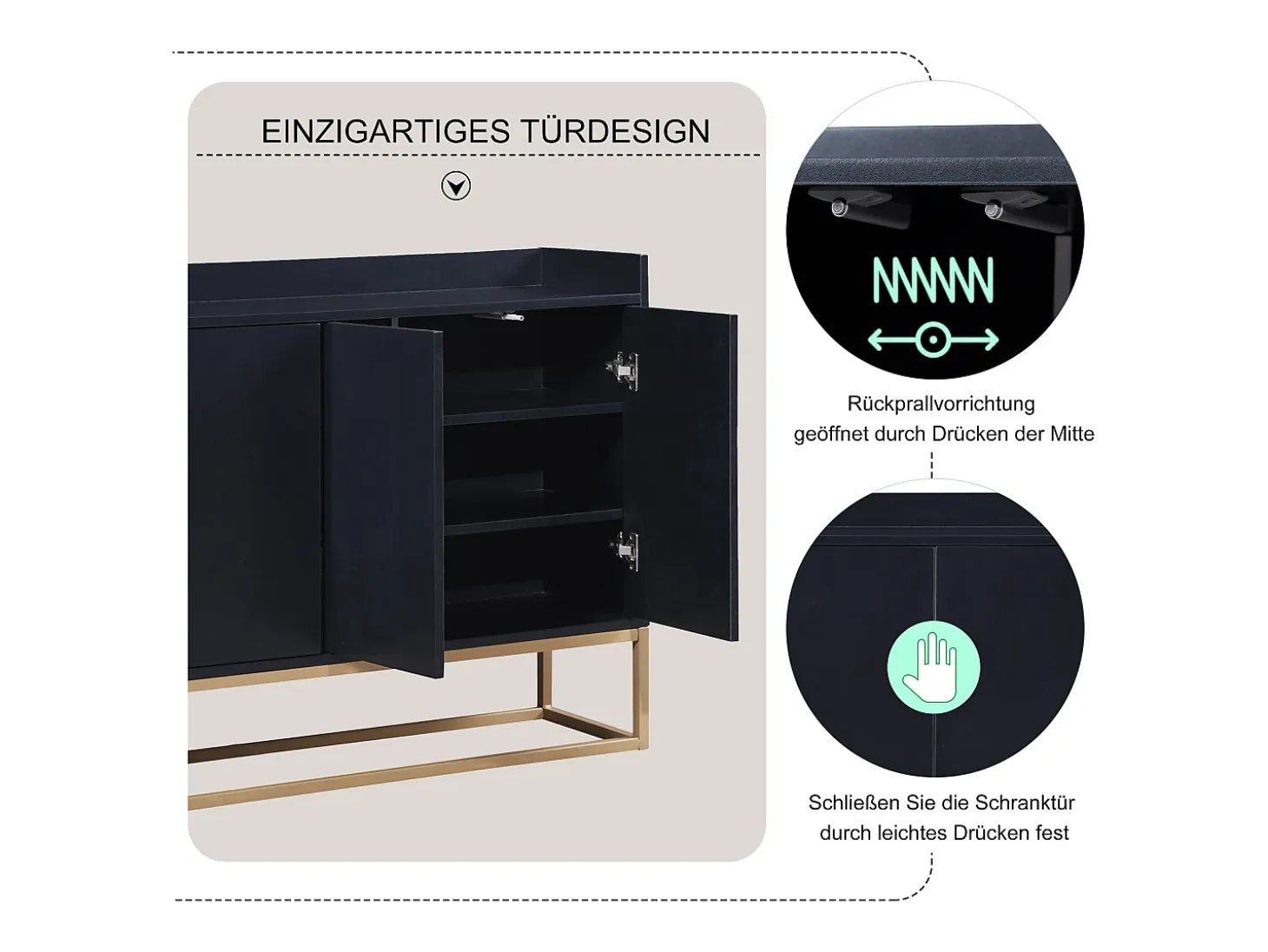 Aparador bajo 4 puertas - Patas de madera MDF y metal - Estilo moderno - Color negro - 120 x 30 x 80 cm