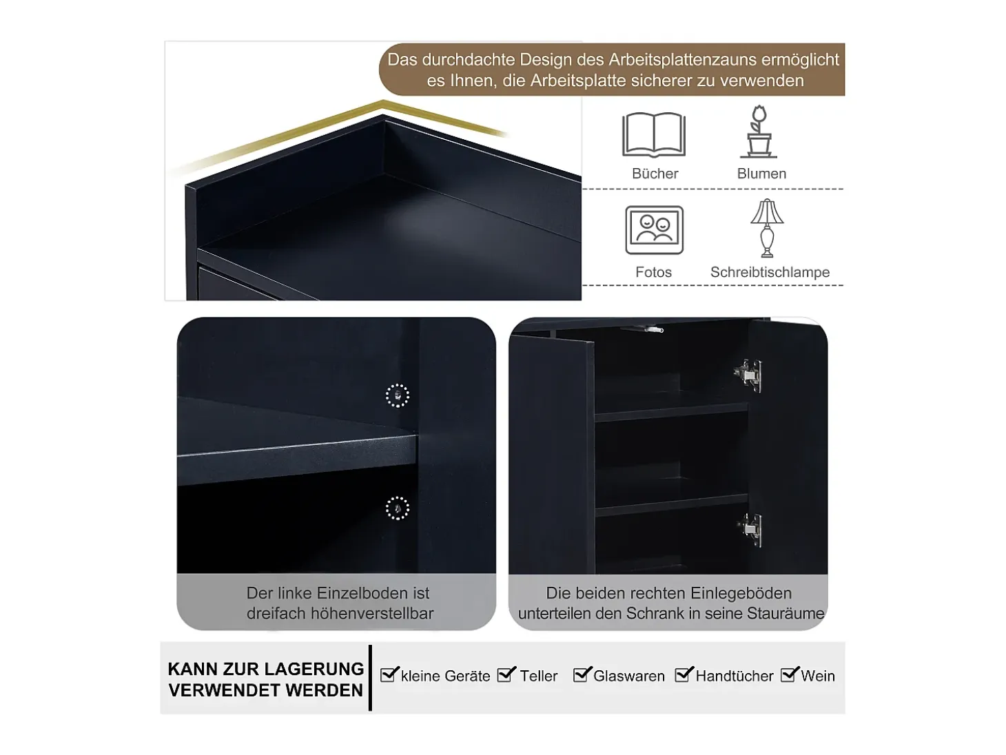 Aparador bajo 4 puertas - Patas de madera MDF y metal - Estilo moderno - Color negro - 120 x 30 x 80 cm