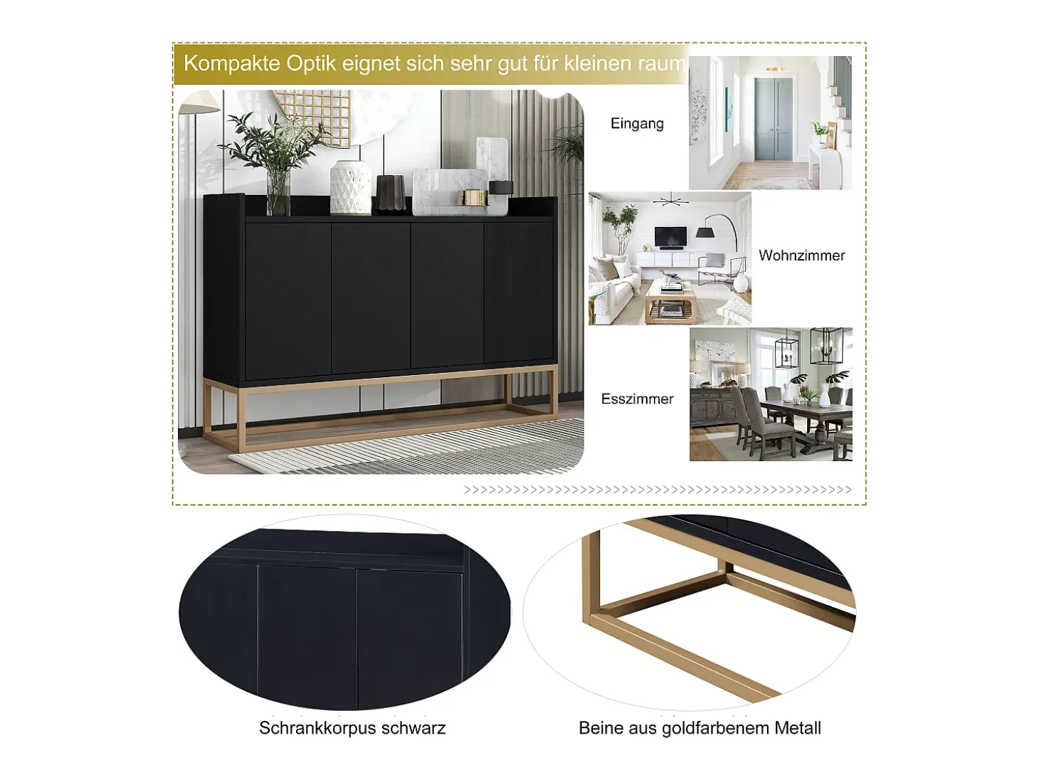 Aparador bajo 4 puertas - Patas de madera MDF y metal - Estilo moderno - Color negro - 120 x 30 x 80 cm