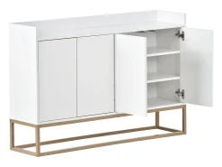 Aparador bajo 4 puertas - Patas de madera MDF y metal - Estilo moderno - Color blanco - 120 x 30 x 80 cm