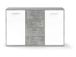 Aparador bajo 2 puertas y 4 cajones - Blanco y hormigón claro - 122,6 x 34,2 x 81,1 cm