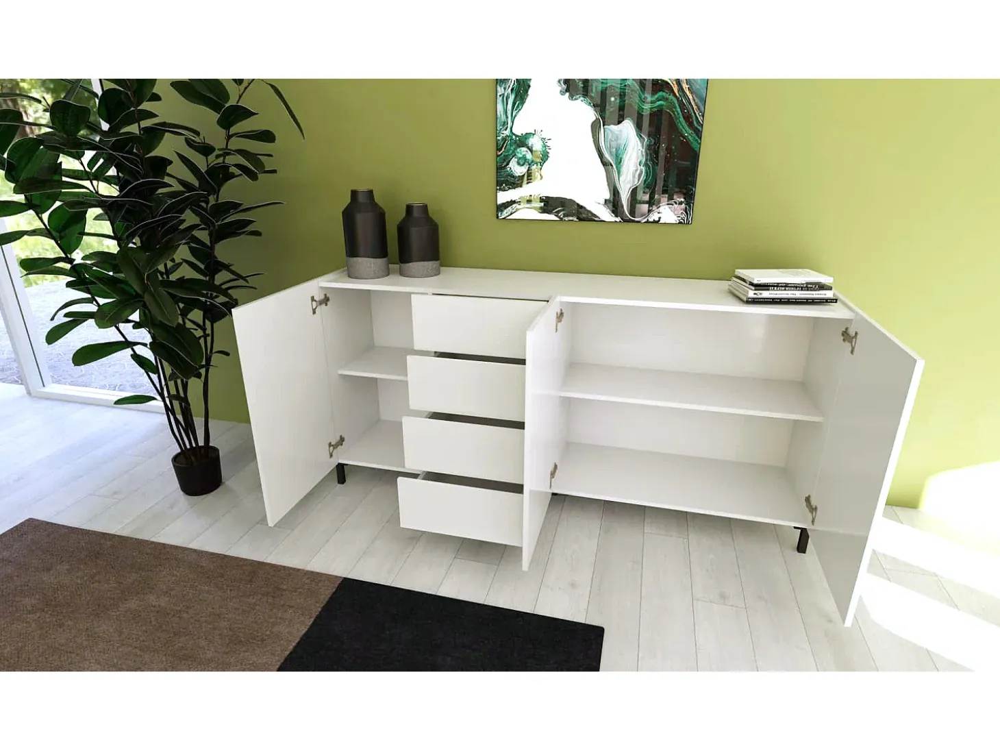 Aparador bajo 3 puertas y 4 cajones 174x40x84 cm Solaria blanco brillante