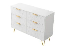 Aparador bajo con 6 cajones - Cómoda - Madera MDF y metal dorado - 100 x 34 x 73cm - Blanco