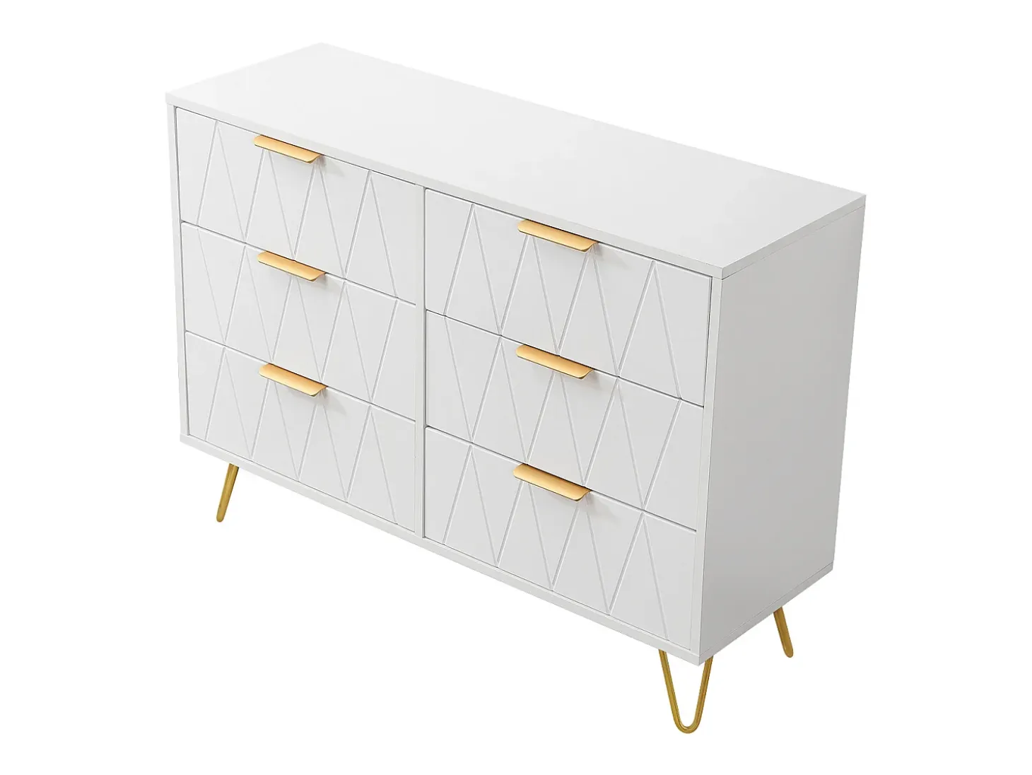 Aparador bajo con 6 cajones - Cómoda - Madera MDF y metal dorado - 100 x 34 x 73cm - Blanco